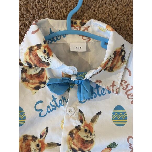Unbranded White Allover Easter Bunny Rabbit Button Up Shirt Bow Tie Toddler 2-3Y - Picture 4 of 5